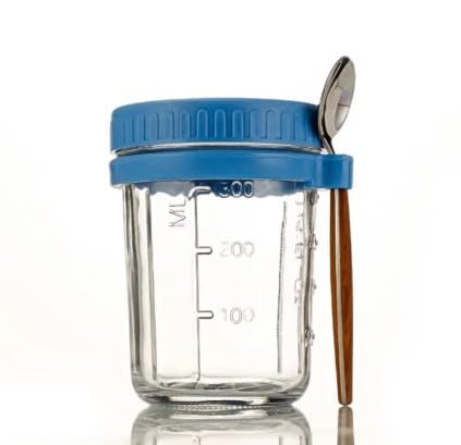 RAYCRAFT WORLD Overnight Oats Mason Jar with Spoon, Glass Container with Lid, Portable Breakfast Storage 350ML