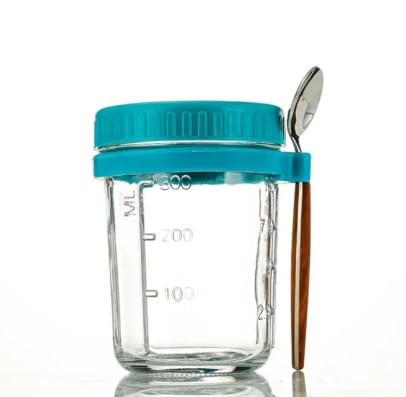 RAYCRAFT WORLD Overnight Oats Mason Jar with Spoon, Glass Container with Lid, Portable Breakfast Storage 350ML