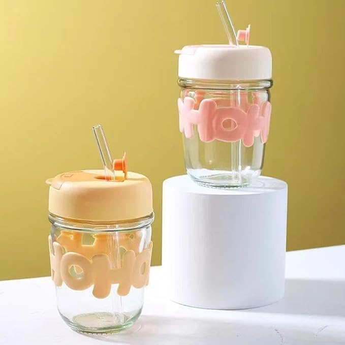 RAYCRAFT WORLD 300ML HoHo Glass Mug Shaker with Silicone Holster, Lid & Straw, Juice, and Smoothies, BPA Free & Leak-Proof
