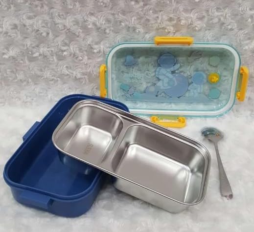 RAYCRAFT WORLD 3 pc 2 Partition 700ml Kids Lunch Box with Design, Leakproof Bento Box, Spoon & Container with Lid