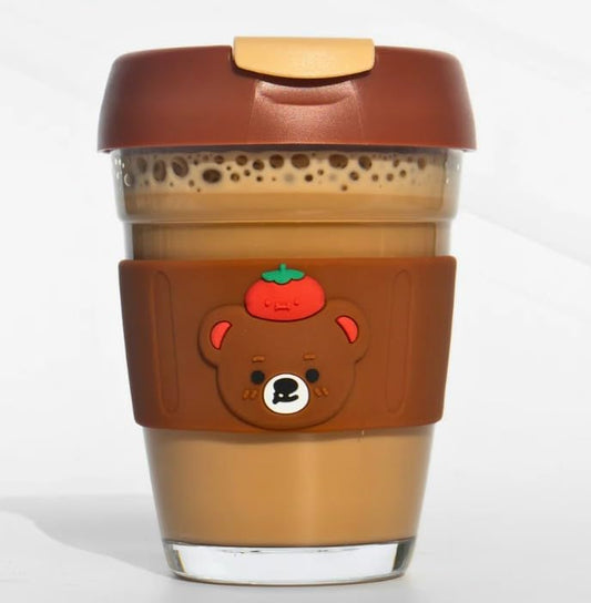 RAYCRAFT WORLD Cute Bear Glass Travel Cup with Tomato Design, Brown Silicone Sleeve, Reusable Coffee Mug with Flip Lid (400ML, Pack of 1)