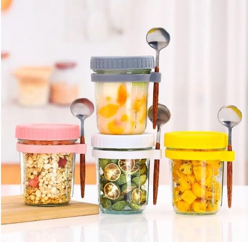 RAYCRAFT WORLD Overnight Oats Mason Jar with Spoon, Glass Container with Lid, Portable Breakfast Storage 350ML