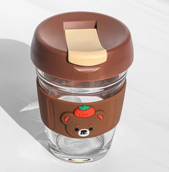 RAYCRAFT WORLD Cute Bear Glass Travel Cup with Tomato Design, Brown Silicone Sleeve, Reusable Coffee Mug with Flip Lid (400ML, Pack of 1)