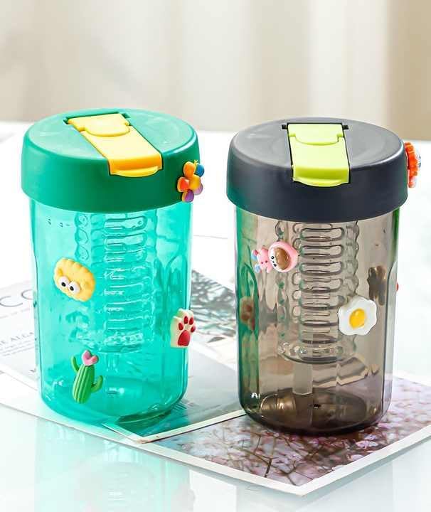 RAYCRAFT WORLD 400ml Cute Plastic Water Bottles Handle Water Bottles Cup Infuser Sipper Bottle Mug Leak proof BPA Free with Straw for Kids Girls (Multicolor Pack of 1Pc)