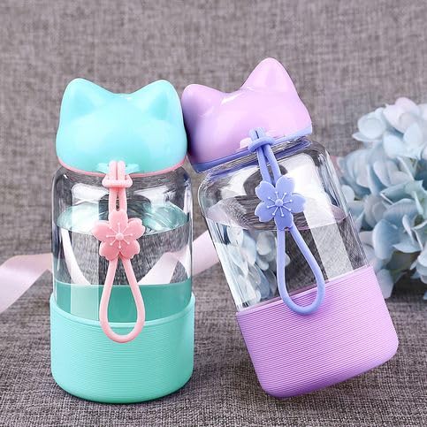 RAYCRAFT WORLD Glass Water Bottle with Cat Ear Lid, Pastel Color, Silicone Protective Sleeve