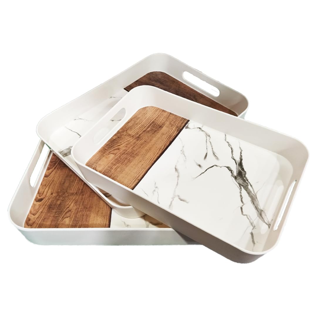 RAYCRAFT WORLD Rectangular Serving Trays 3-Piece Set with Built-in Handles on The Sides Decorative Serving Tray Set, Melamine Trays Pattern Design Wood and Marble Pattern