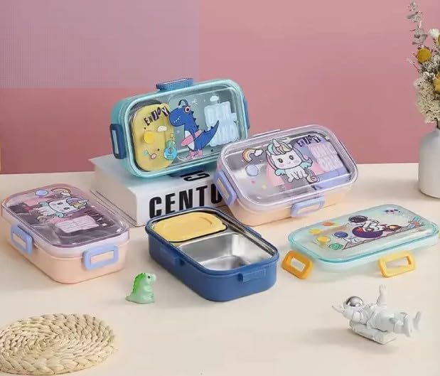 RAYCRAFT WORLD 3 pc 2 Partition 700ml Kids Lunch Box with Design, Leakproof Bento Box, Spoon & Container with Lid