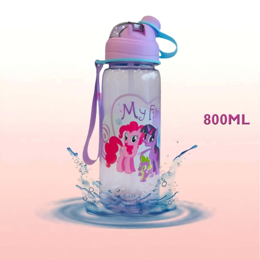 RAYCRAFT WORLD 800ML Kid's Water Bottle Cartoon Theme Bottle Spill Proof Straw Valve Pop Button Handle Sipper Water Bottle