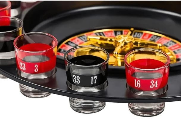 RAYCRAFT WORLD Small Glass Roulette- Drinking Game Set, Adult Party Game Spinning Wheel, and 16 Shot Glasses for Adult Fun Bar Party