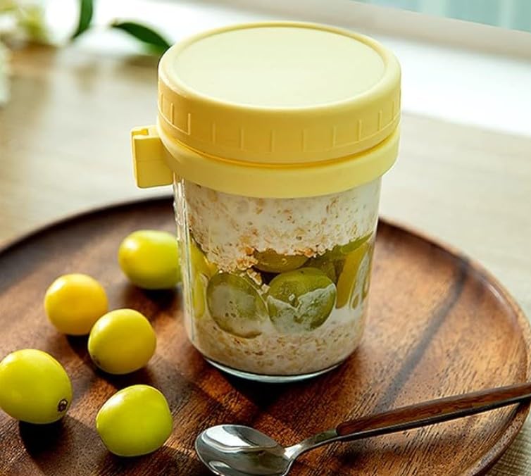 RAYCRAFT WORLD Overnight Oats Mason Jar with Spoon, Glass Container with Lid, Portable Breakfast Storage 350ML