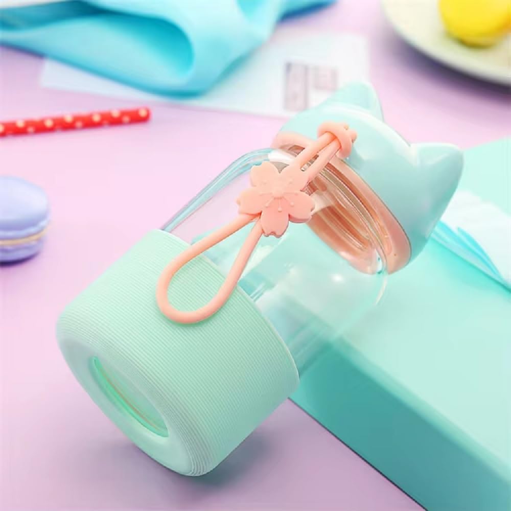RAYCRAFT WORLD Glass Water Bottle with Cat Ear Lid, Pastel Color, Silicone Protective Sleeve