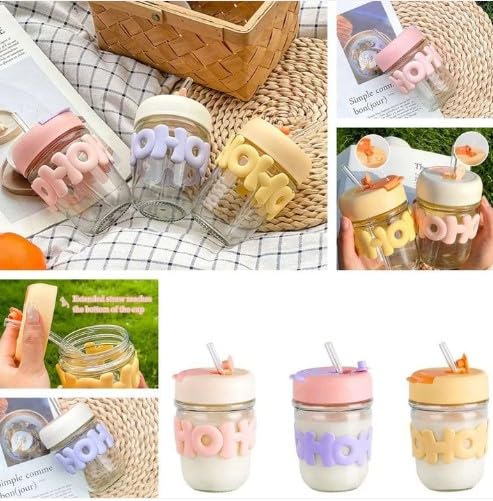 RAYCRAFT WORLD 300ML HoHo Glass Mug Shaker with Silicone Holster, Lid & Straw, Juice, and Smoothies, BPA Free & Leak-Proof