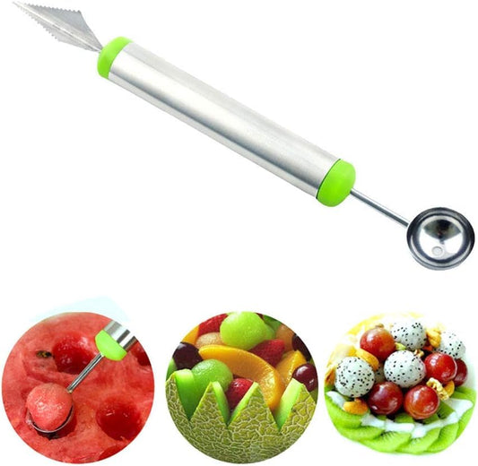 RAYCRAFT WORLD Stainless Steel Melon Cutter with Melon Baller 2 in 1 Fruit Carving Knife Watermelon Melon Balls Ice Cream Scooper Double End Melon Scoop Fruit Baller (Pack of 1Pc)