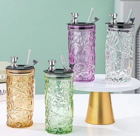 RAYCRAFT WORLD Vintage Glass Tumbler with Straw 500ml Attractive Crystal Pattern with Teddy Reusable Lid