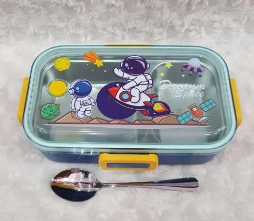 RAYCRAFT WORLD 3 pc 2 Partition 700ml Kids Lunch Box with Design, Leakproof Bento Box, Spoon & Container with Lid