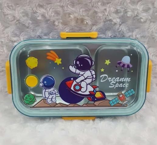 RAYCRAFT WORLD 3 pc 2 Partition 700ml Kids Lunch Box with Design, Leakproof Bento Box, Spoon & Container with Lid