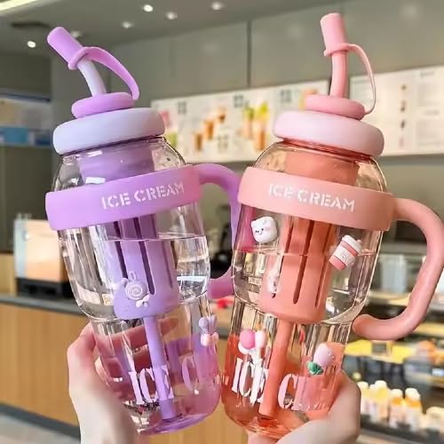 RAYCRAFT WORLD Ice Cream Heavy Quality Plastic Tumbler with Straw and Attractive Handle, Water Bottle Sipper, Juice and Smoothies, BPA Free & Leak-Proof ( Large, Ice Cream Text Sipper, Gym Tumber)