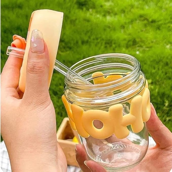 RAYCRAFT WORLD 300ML HoHo Glass Mug Shaker with Silicone Holster, Lid & Straw, Juice, and Smoothies, BPA Free & Leak-Proof