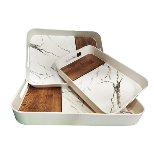 RAYCRAFT WORLD Rectangular Serving Trays 3-Piece Set with Built-in Handles on The Sides Decorative Serving Tray Set, Melamine Trays Pattern Design Wood and Marble Pattern