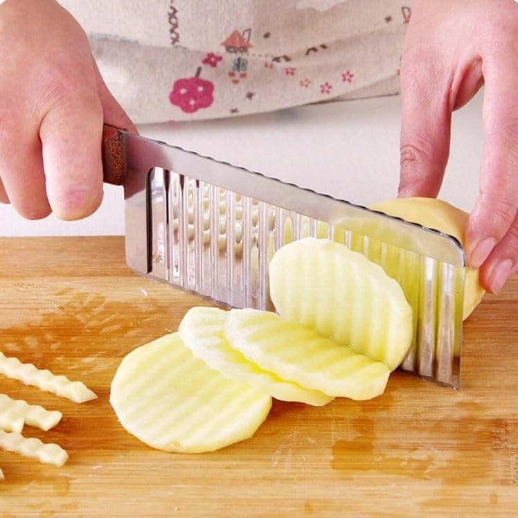 RAYCRAFT WORLD Potato Chip French Fry Cutter Wave Knife Crinkle Chopper Wooden Handle Fruit Salad Designer Knife Multipurpose use in Kitchen 12"/30cm (Pack of 1Pc)