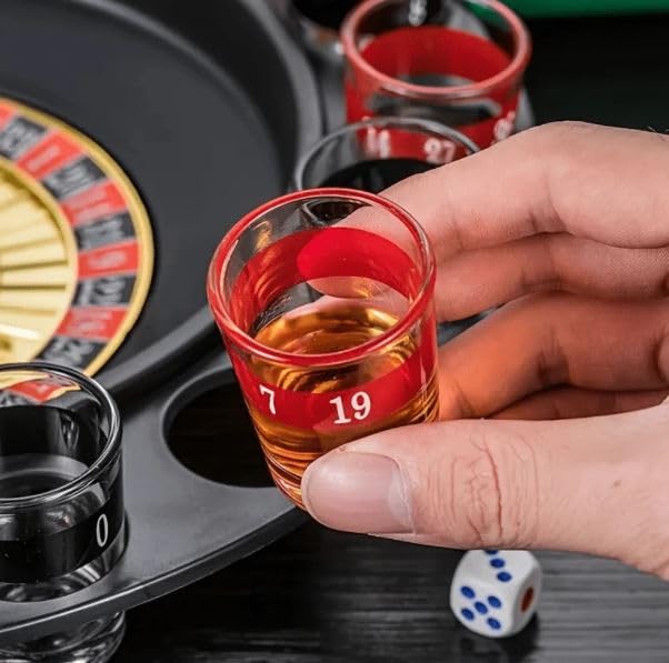 RAYCRAFT WORLD Small Glass Roulette- Drinking Game Set, Adult Party Game Spinning Wheel, and 16 Shot Glasses for Adult Fun Bar Party