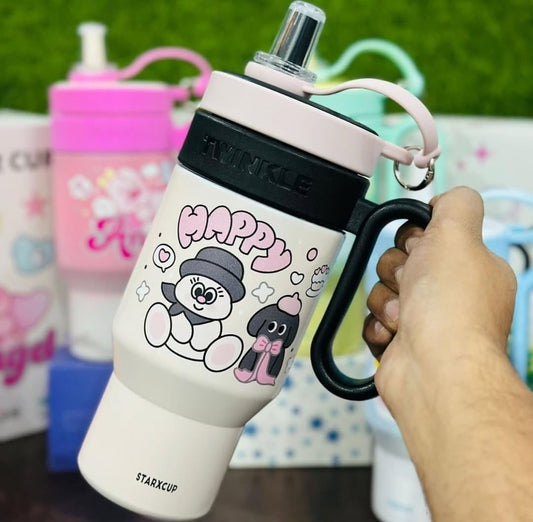 RAYCRAFT WORLD 850ml Insulated Stainless Steel Travel Mug, Cute Cartoon Design with Plastic Handle and Straw (Large, 850ml Insulated Stainless Steel Travel Mug, Cute Cartoon Design)