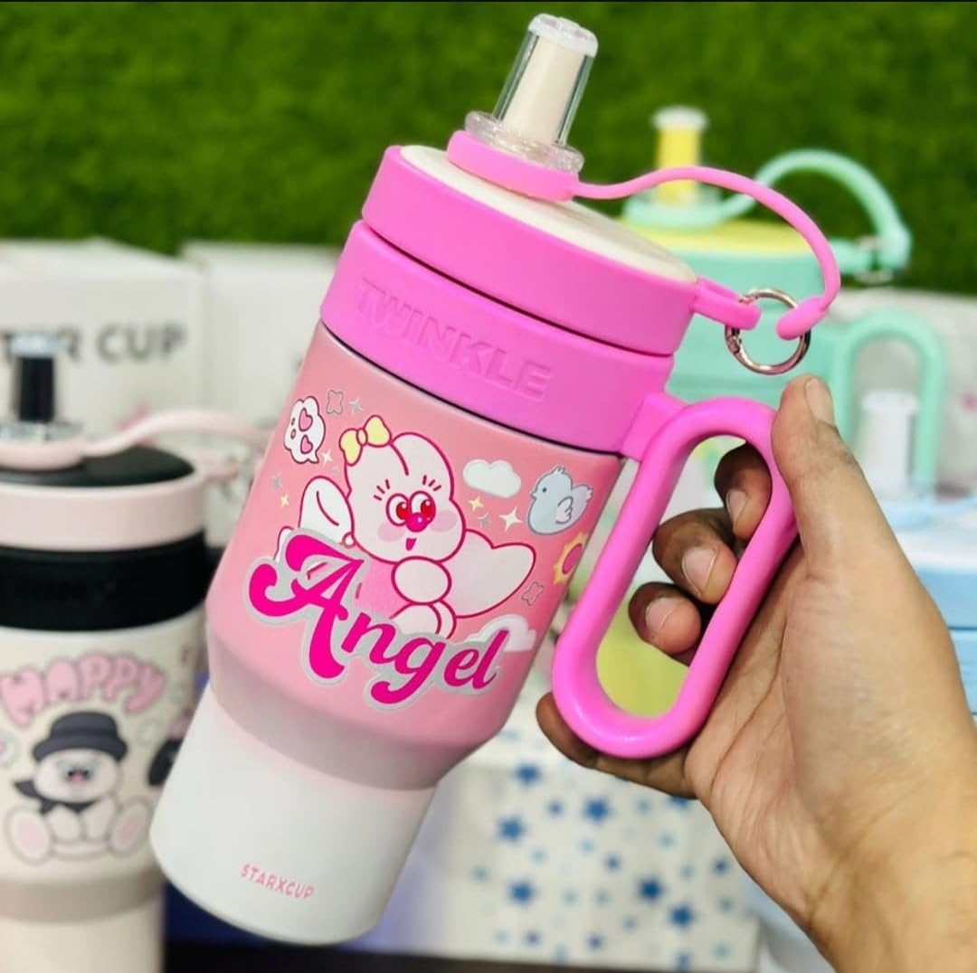 RAYCRAFT WORLD 850ml Insulated Stainless Steel Travel Mug, Cute Cartoon Design with Plastic Handle and Straw (Large, 850ml Insulated Stainless Steel Travel Mug, Cute Cartoon Design)