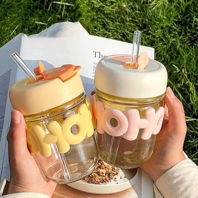 RAYCRAFT WORLD 300ML HoHo Glass Mug Shaker with Silicone Holster, Lid & Straw, Juice, and Smoothies, BPA Free & Leak-Proof