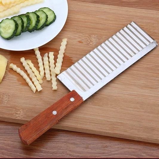 RAYCRAFT WORLD Potato Chip French Fry Cutter Wave Knife Crinkle Chopper Wooden Handle Fruit Salad Designer Knife Multipurpose use in Kitchen 12"/30cm (Pack of 1Pc)