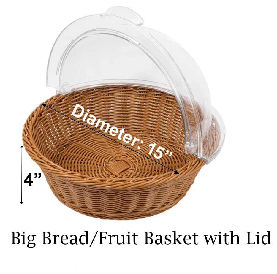 RAYCRAFT WORLD Round Bread Basket Fruit Basket with Transparent Dome Lid Basket for Restaurant/Home/Hotel Round Food Storage Basket Cake Stand Dome15 x4