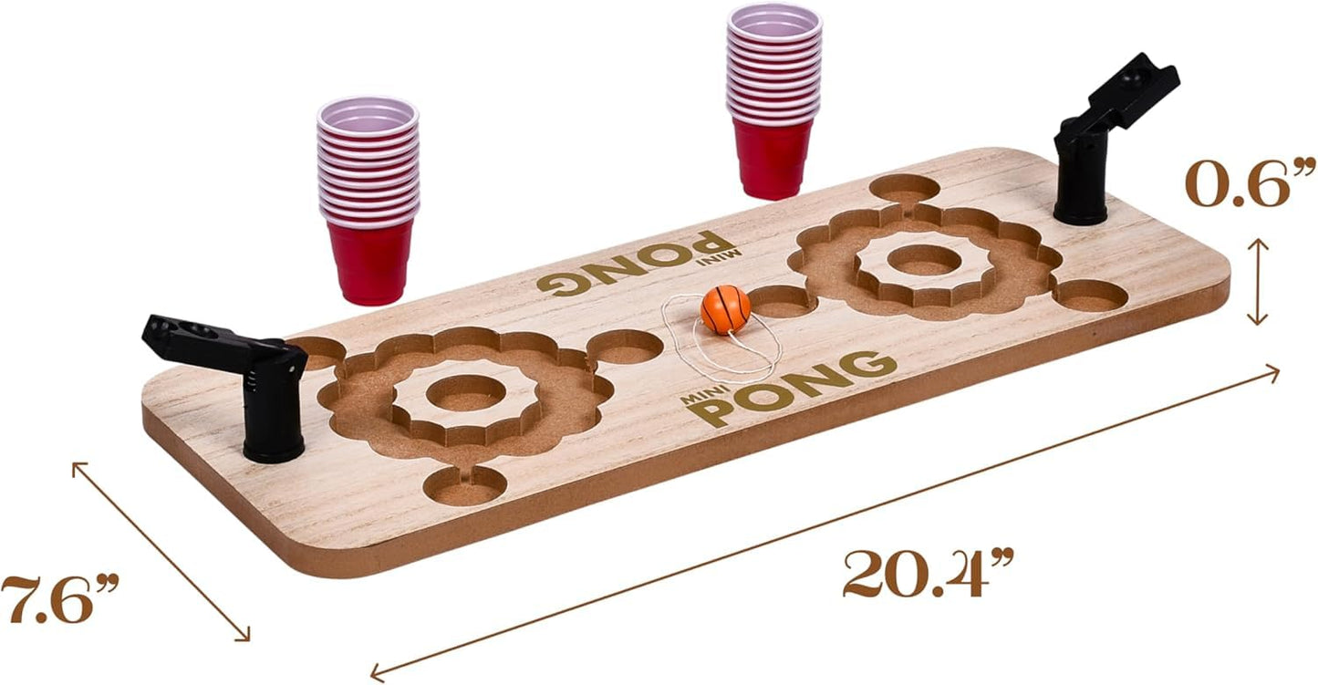 RAYCRAFT WORLD Mini Beer Pong Table Set of 20Pc Glass Drinking Games for Adults Party, 2 Plastic Shooters, 1 Ball & 1 Solid Wooden Board - Ultimate Party Game for Beach & Pool