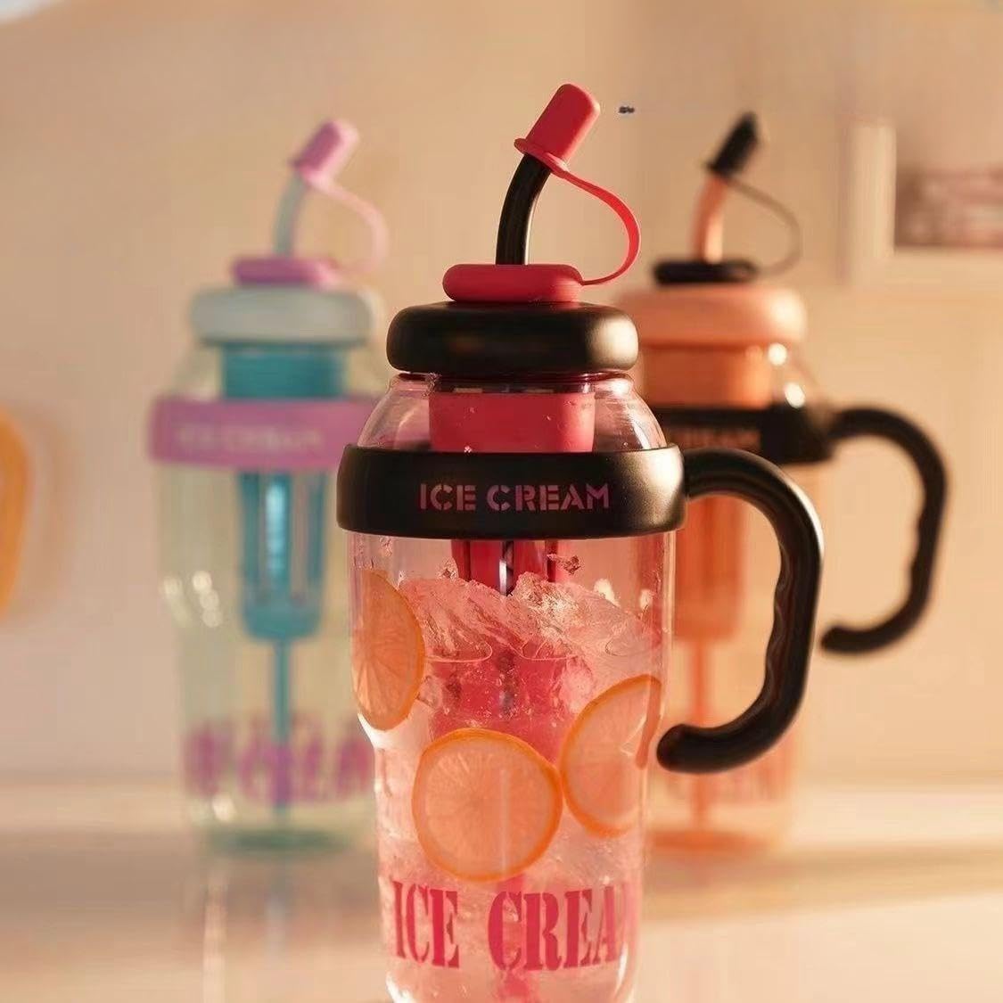 RAYCRAFT WORLD Ice Cream Heavy Quality Plastic Tumbler with Straw and Attractive Handle, Water Bottle Sipper, Juice and Smoothies, BPA Free & Leak-Proof ( Large, Ice Cream Text Sipper, Gym Tumber)