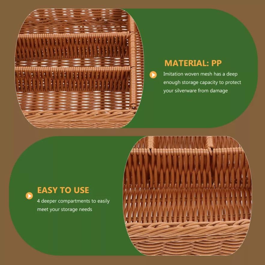 RAYCRAFT WORLD Organizer Rattan Partition Basket For Forks and Knives Flatware Basket Storage Tray Cutlery Size: 12.5"L x 9.5"B x 2"H