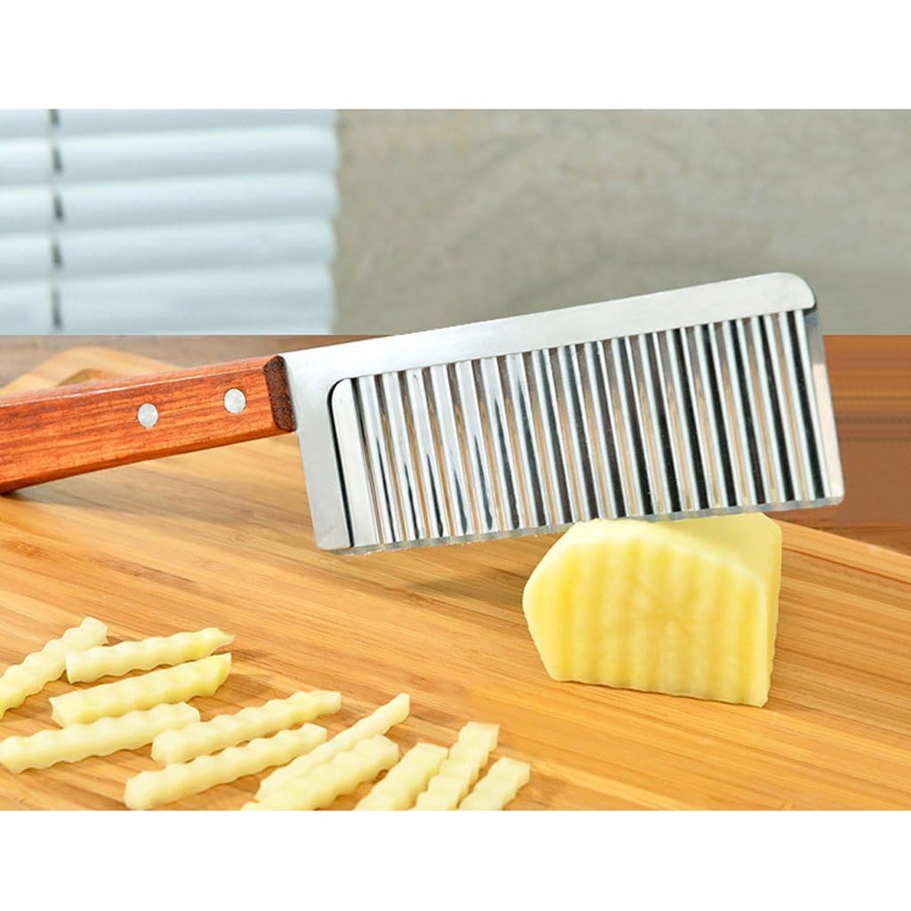 RAYCRAFT WORLD Potato Chip French Fry Cutter Wave Knife Crinkle Chopper Wooden Handle Fruit Salad Designer Knife Multipurpose use in Kitchen 12"/30cm (Pack of 1Pc)