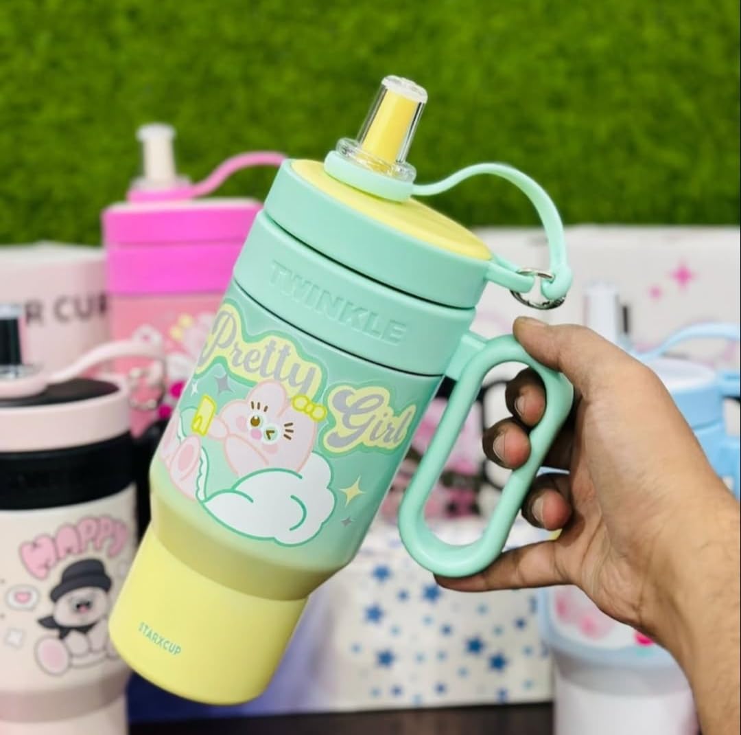 RAYCRAFT WORLD 850ml Insulated Stainless Steel Travel Mug, Cute Cartoon Design with Plastic Handle and Straw (Large, 850ml Insulated Stainless Steel Travel Mug, Cute Cartoon Design)