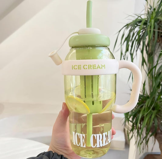 RAYCRAFT WORLD Ice Cream Heavy Quality Plastic Tumbler with Straw and Attractive Handle, Water Bottle Sipper, Juice and Smoothies, BPA Free & Leak-Proof ( Large, Ice Cream Text Sipper, Gym Tumber)