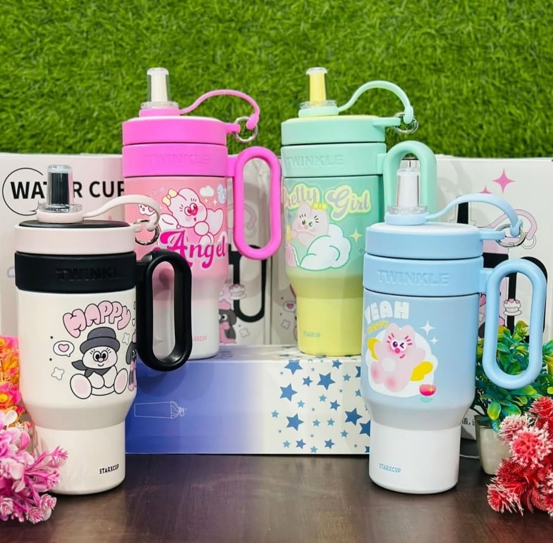 RAYCRAFT WORLD 850ml Insulated Stainless Steel Travel Mug, Cute Cartoon Design with Plastic Handle and Straw (Large, 850ml Insulated Stainless Steel Travel Mug, Cute Cartoon Design)