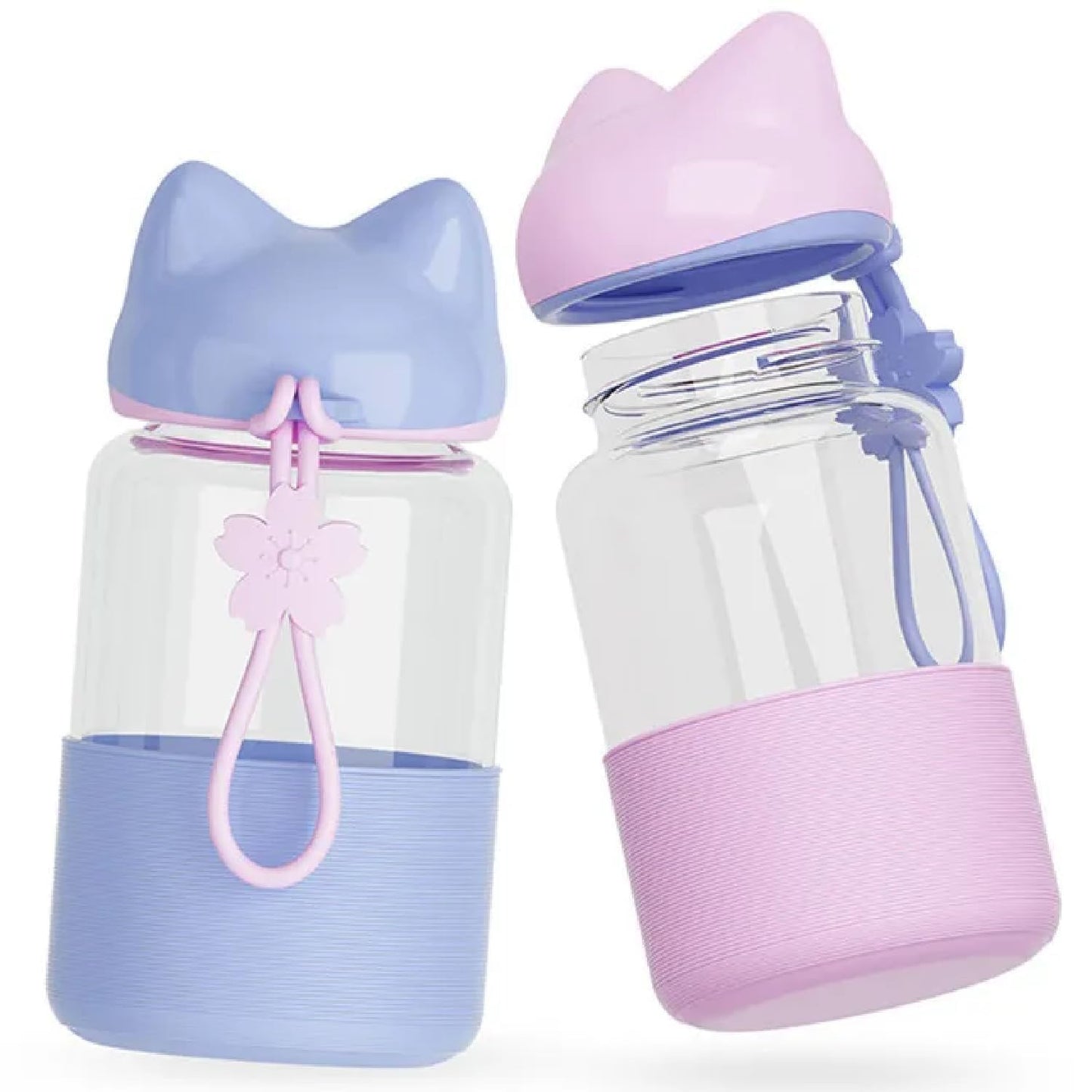 RAYCRAFT WORLD Glass Water Bottle with Cat Ear Lid, Pastel Color, Silicone Protective Sleeve