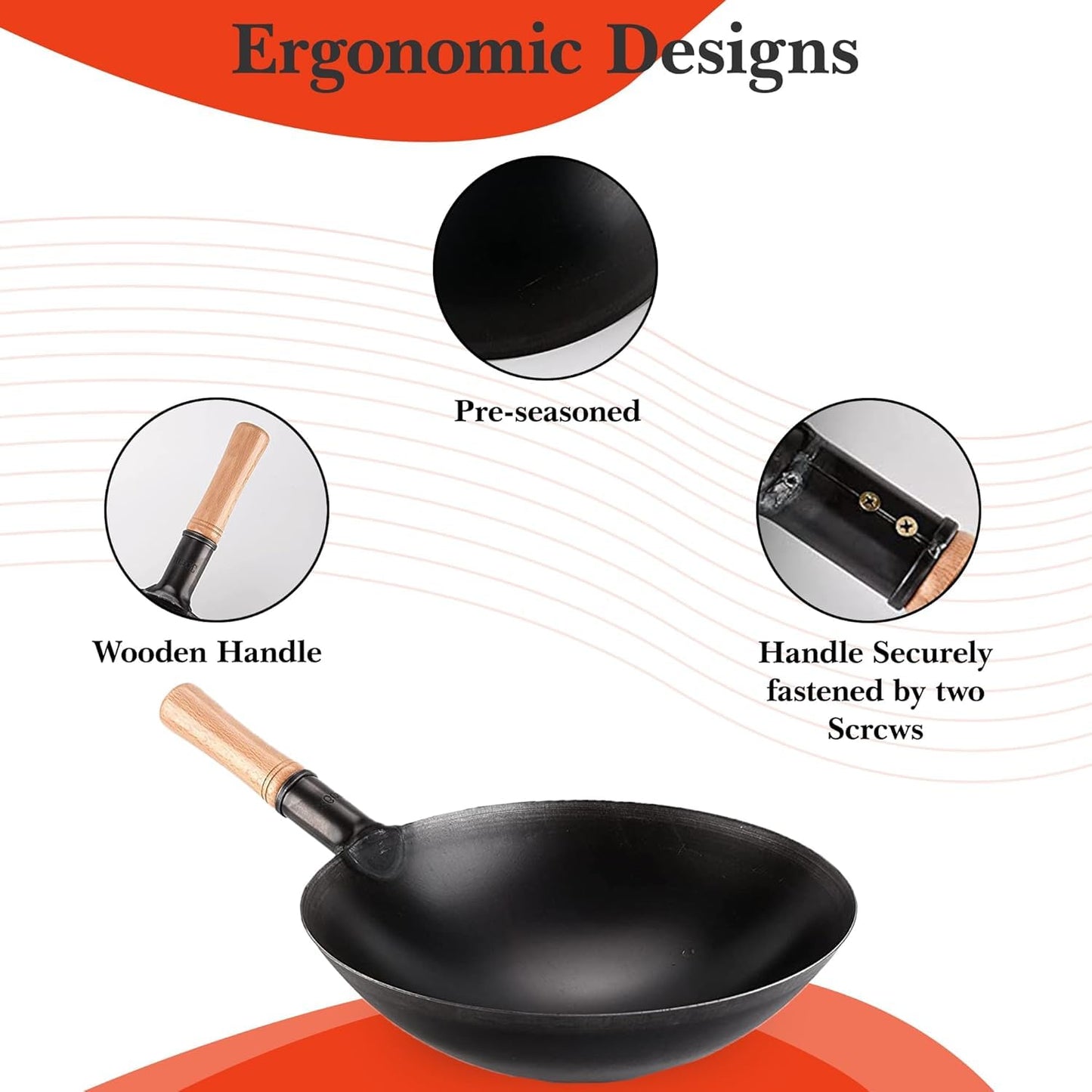 RAYCRAFT WORLD Wok Pan, Woks & Black Carbon Steel Stir Fry Pans, Gas, Cooktop, No Chemical Coated, Round Bottom Chinese Wok