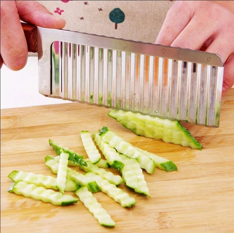 RAYCRAFT WORLD Potato Chip French Fry Cutter Wave Knife Crinkle Chopper Wooden Handle Fruit Salad Designer Knife Multipurpose use in Kitchen 12"/30cm (Pack of 1Pc)