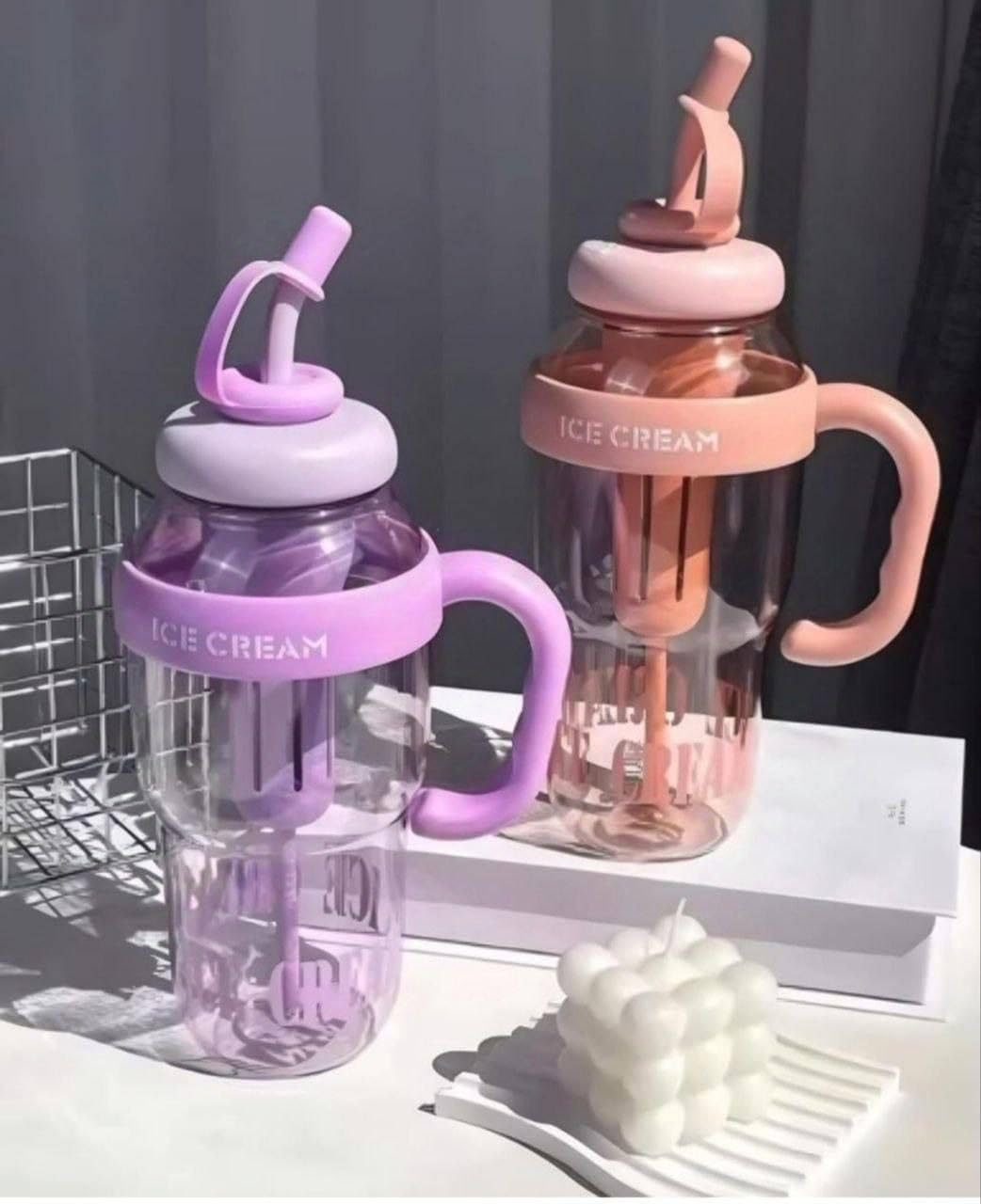RAYCRAFT WORLD Ice Cream Heavy Quality Plastic Tumbler with Straw and Attractive Handle, Water Bottle Sipper, Juice and Smoothies, BPA Free & Leak-Proof ( Large, Ice Cream Text Sipper, Gym Tumber)