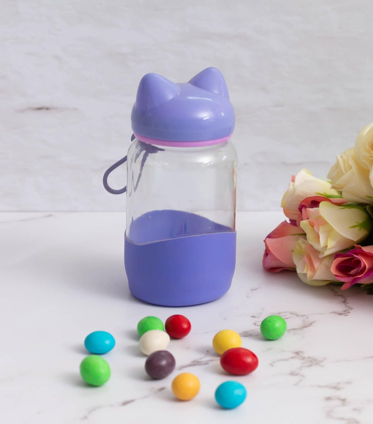 RAYCRAFT WORLD Glass Water Bottle with Cat Ear Lid, Pastel Color, Silicone Protective Sleeve