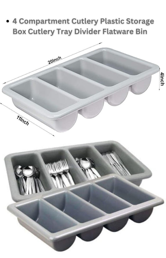 RAYCRAFT WORLD 4 Compartment Cutlery Plastic Storage Box Cutlery Tray Divider Flatware Bin Size: 20"x11"x4"