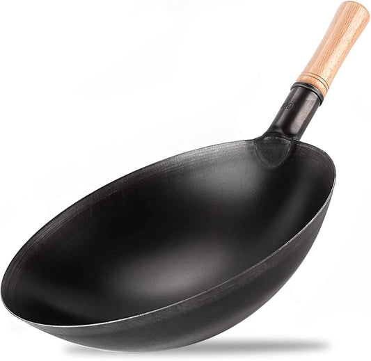 RAYCRAFT WORLD Wok Pan, Woks & Black Carbon Steel Stir Fry Pans, Gas, Cooktop, No Chemical Coated, Round Bottom Chinese Wok