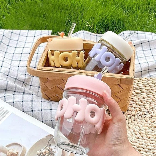 RAYCRAFT WORLD 300ML HoHo Glass Mug Shaker with Silicone Holster, Lid & Straw, Juice, and Smoothies, BPA Free & Leak-Proof