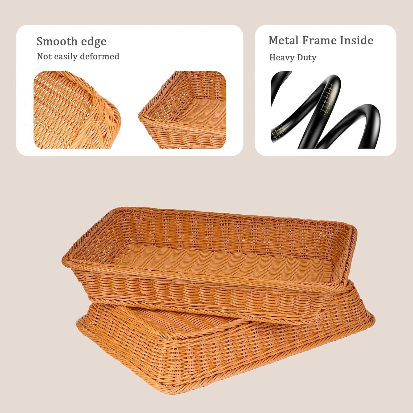 RAYCRAFT WORLD Poly Wicker Bread Baskets, Handmade Woven Pantry Organizer, Tabletop Food Serving Baskets for Storage