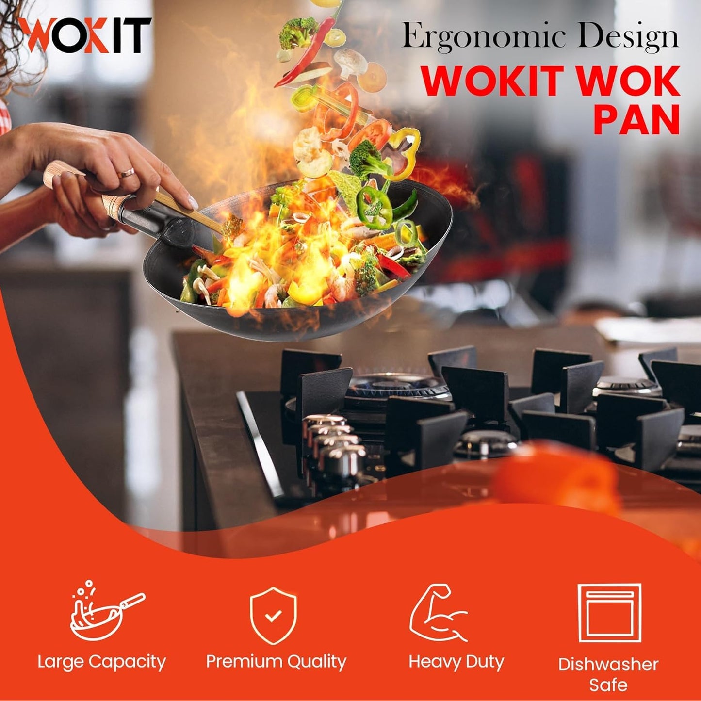 RAYCRAFT WORLD Wok Pan, Woks & Black Carbon Steel Stir Fry Pans, Gas, Cooktop, No Chemical Coated, Round Bottom Chinese Wok