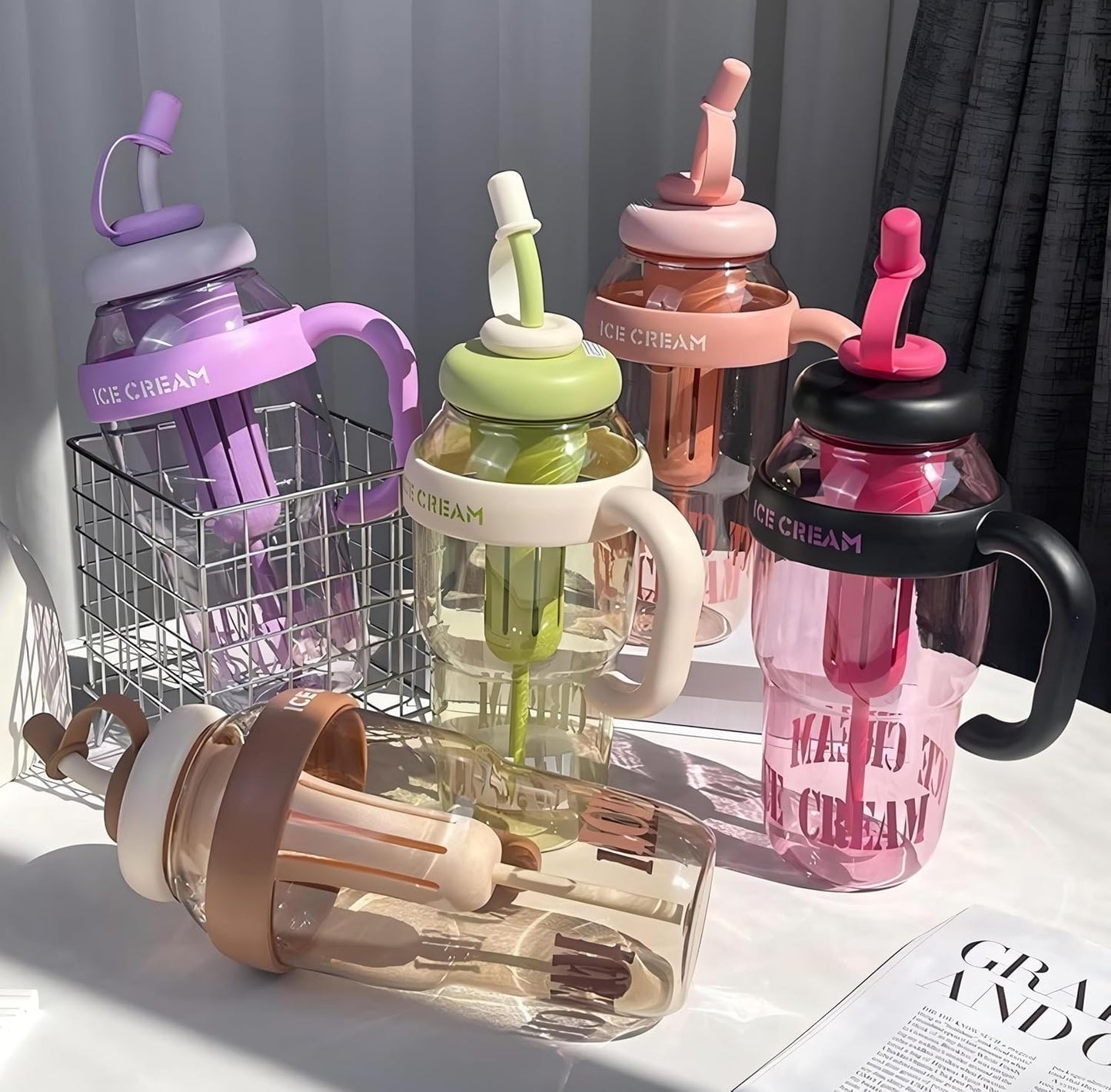 RAYCRAFT WORLD Ice Cream Heavy Quality Plastic Tumbler with Straw and Attractive Handle, Water Bottle Sipper, Juice and Smoothies, BPA Free & Leak-Proof ( Large, Ice Cream Text Sipper, Gym Tumber)