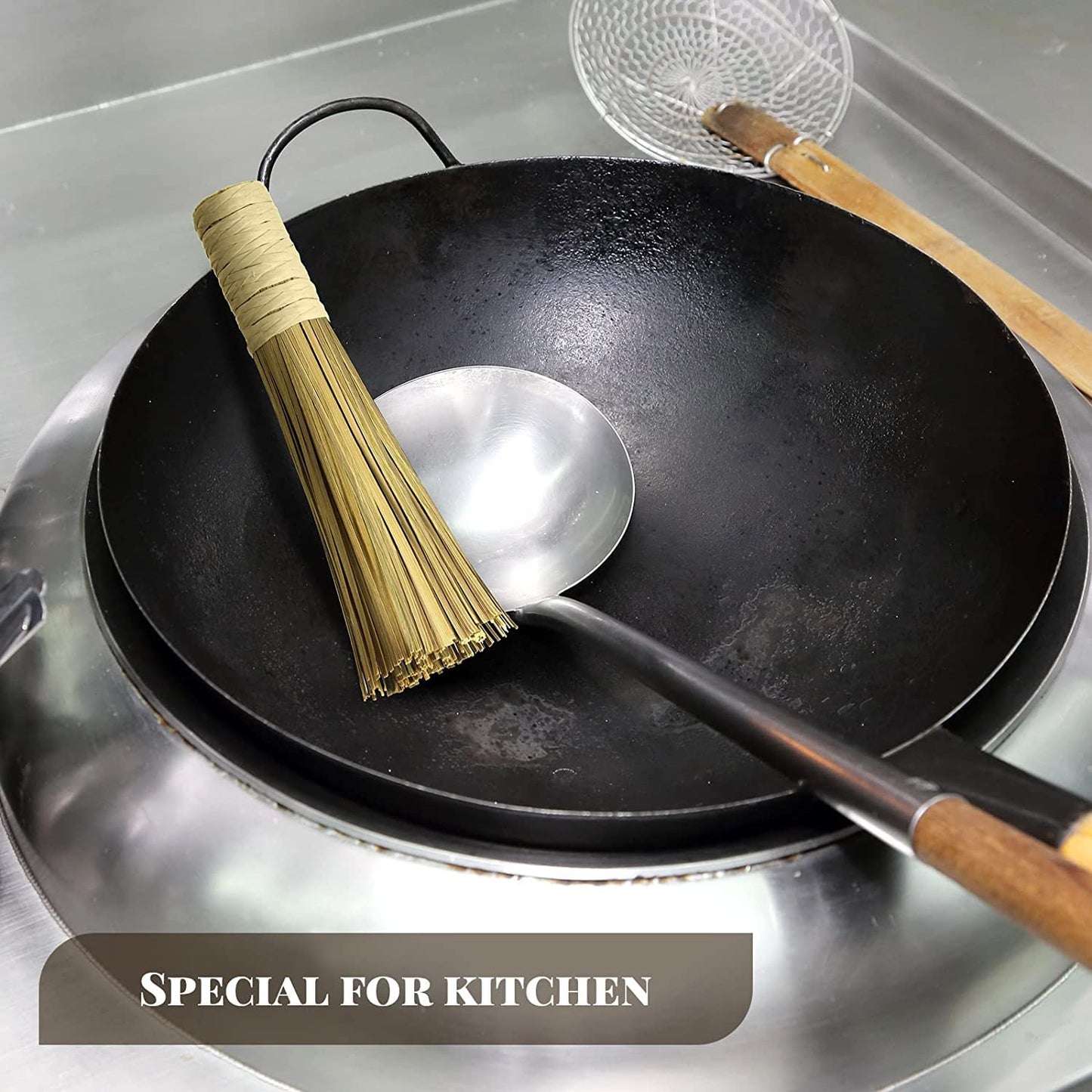 RAYCRAFT WORLD Wok Cleaning Brush/Whisk Bamboo Scrub Brush Kitchen Cleaning Pot Scrubber Dish Pan Brush for Cooking Skillet Grill Utensils Scrubbing Cleaning
