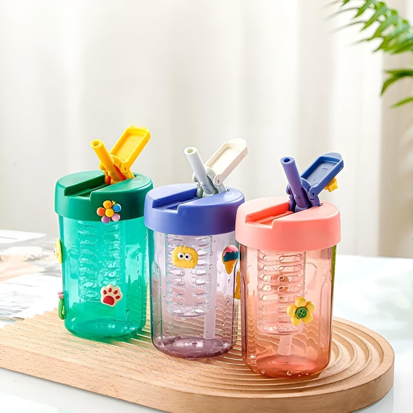 RAYCRAFT WORLD 400ml Cute Plastic Water Bottles Handle Water Bottles Cup Infuser Sipper Bottle Mug Leak proof BPA Free with Straw for Kids Girls (Multicolor Pack of 1Pc)